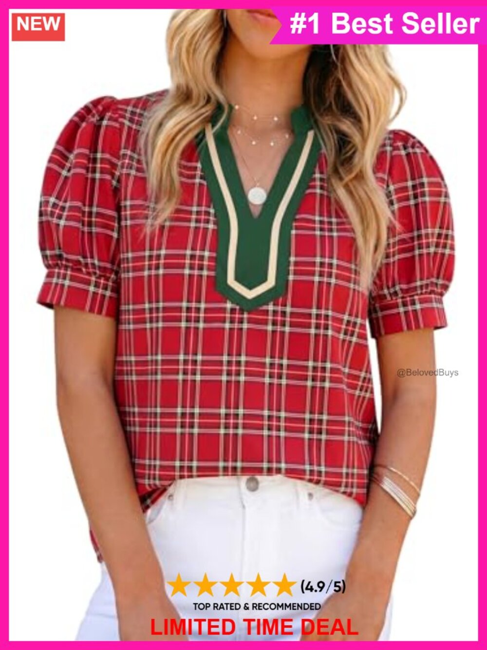 Puff Sleeve Plaid V-Neck Button-Down Blouse